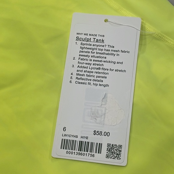 NWT! Lulu lemon sculpt tank- highlighter yellow. Never worn. Size 6. - Picture 8 of 8